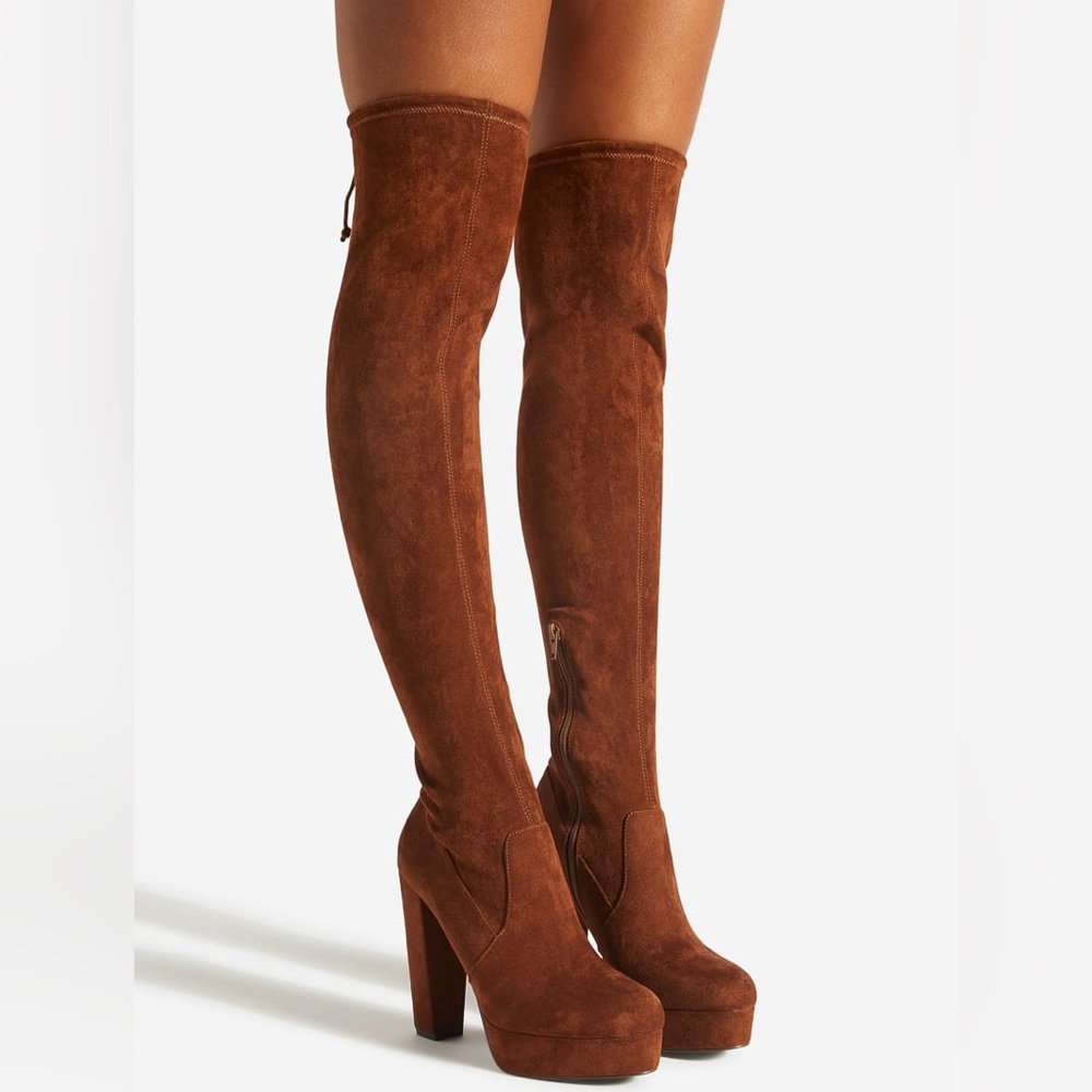 NIB Brown Faux Suede Over The Knee Block Heel Boot